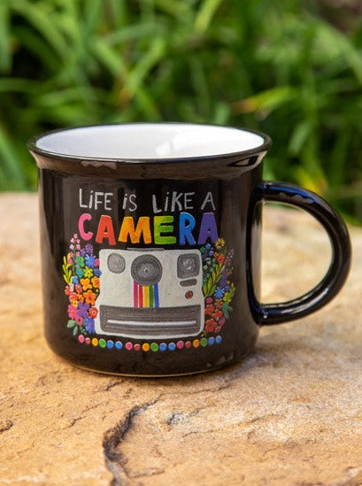 Natural Life Camera Mug  Rhinestones and Roses