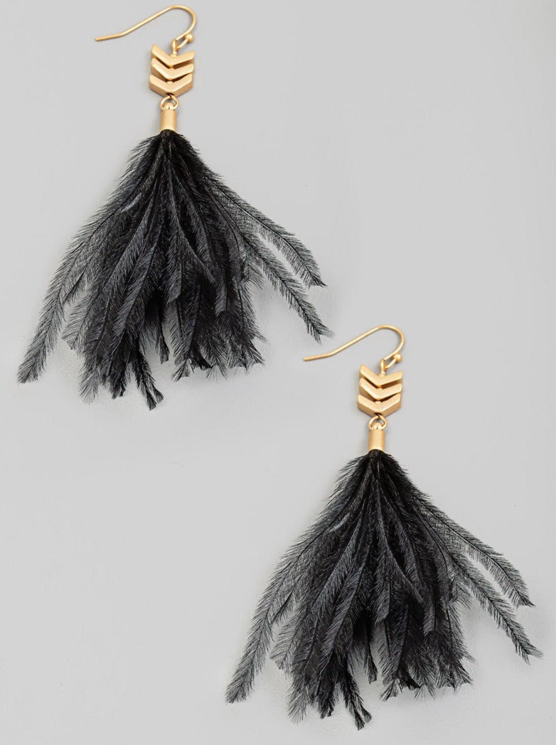 Feather Drop Black Earrings