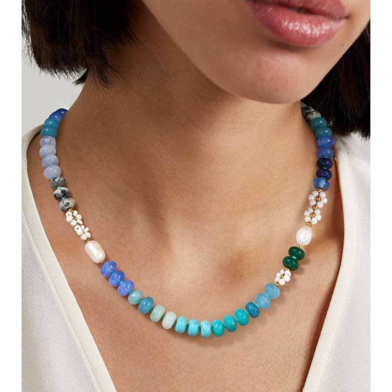 Stone Flower Glass Stainless Steel Necklace