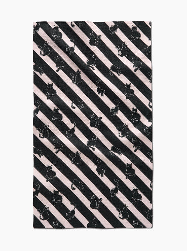Towel with black cat pattern on diagonal striped background