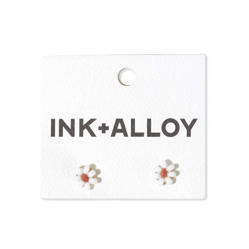 White Flower Beaded Post Earrings