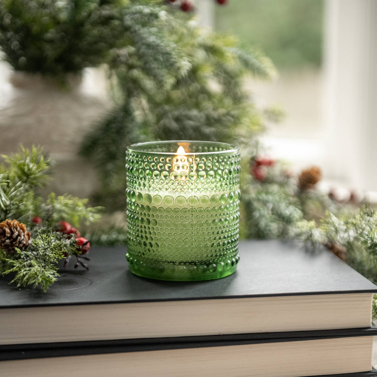 3.25" PINE GREEN DOTTED GLASS CANDLE