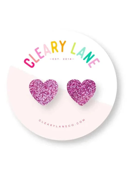 Pink Glitter Heart Studs