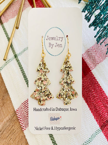 Gold Glitter Tree Earrings