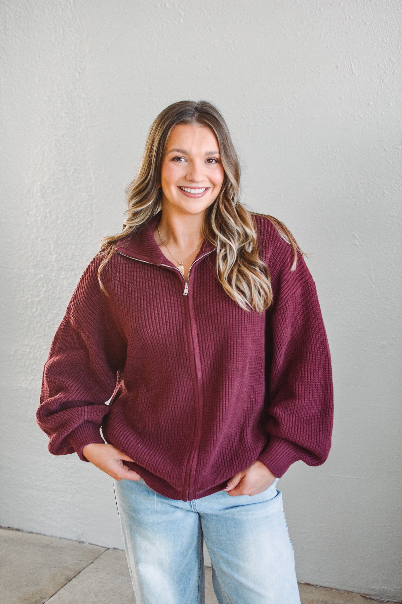 Stowe Burgundy Zip Sweater