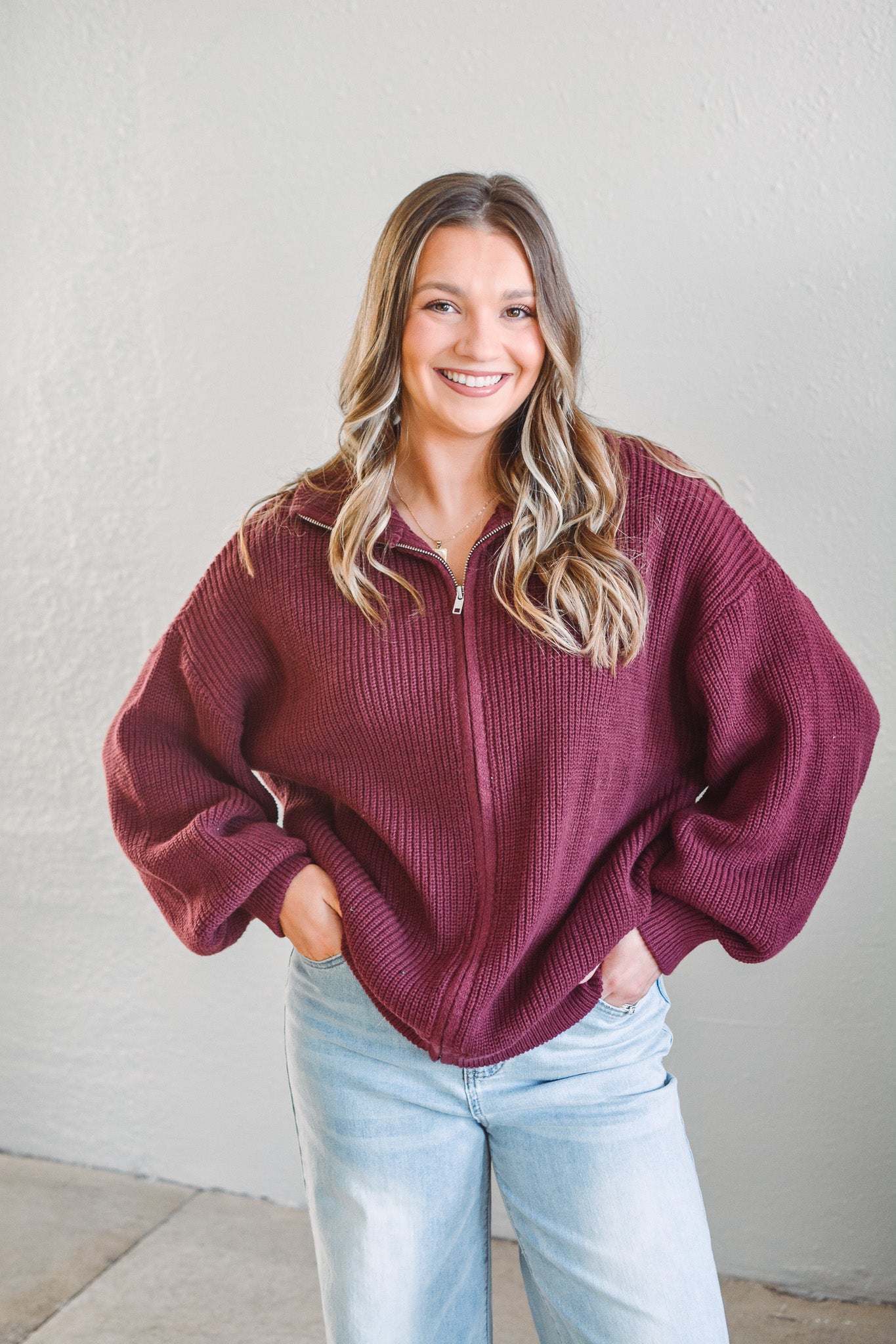 Stowe Burgundy Zip Sweater