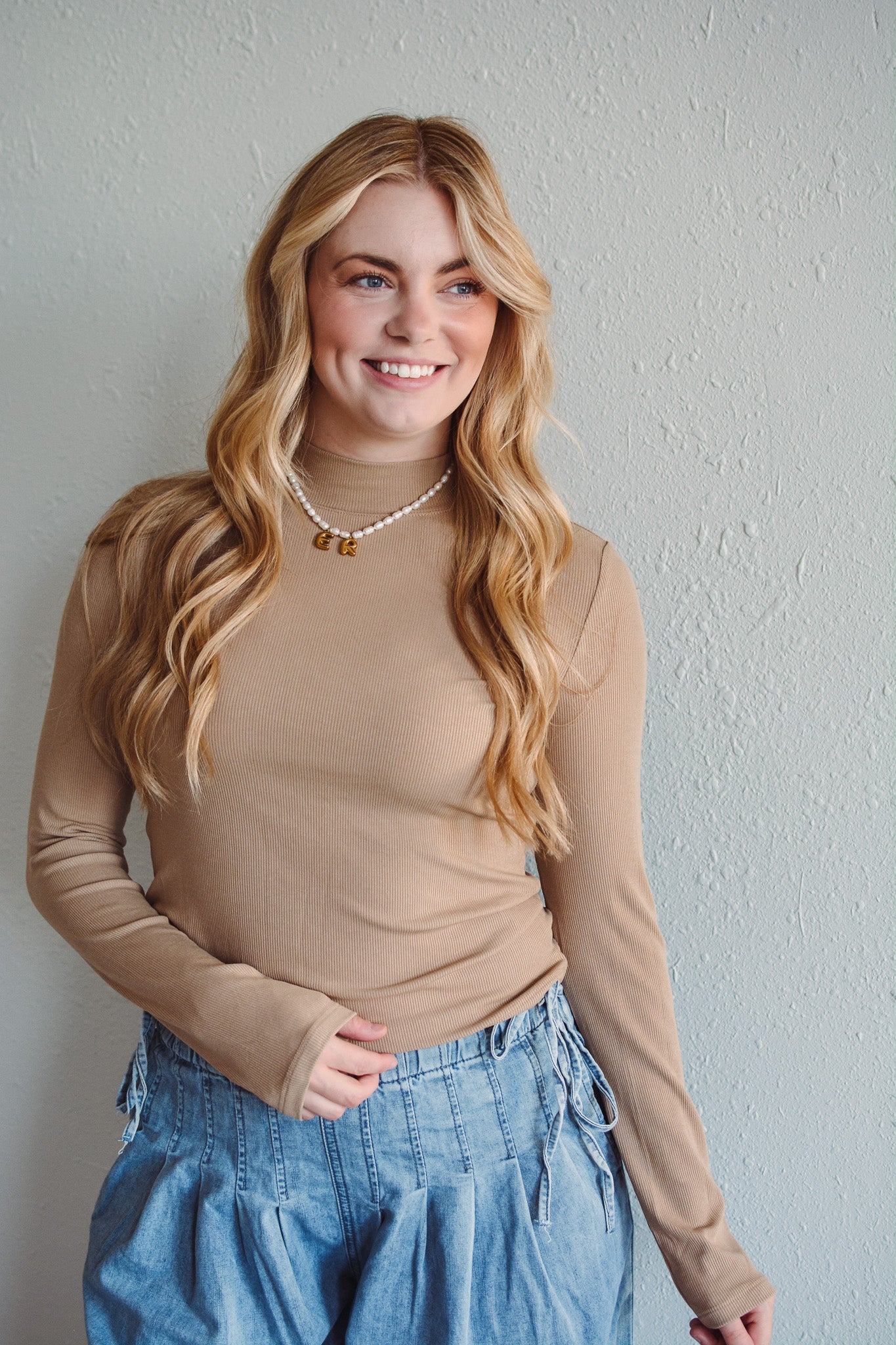 Latte Basic Mock Neck – Rhinestones and Roses