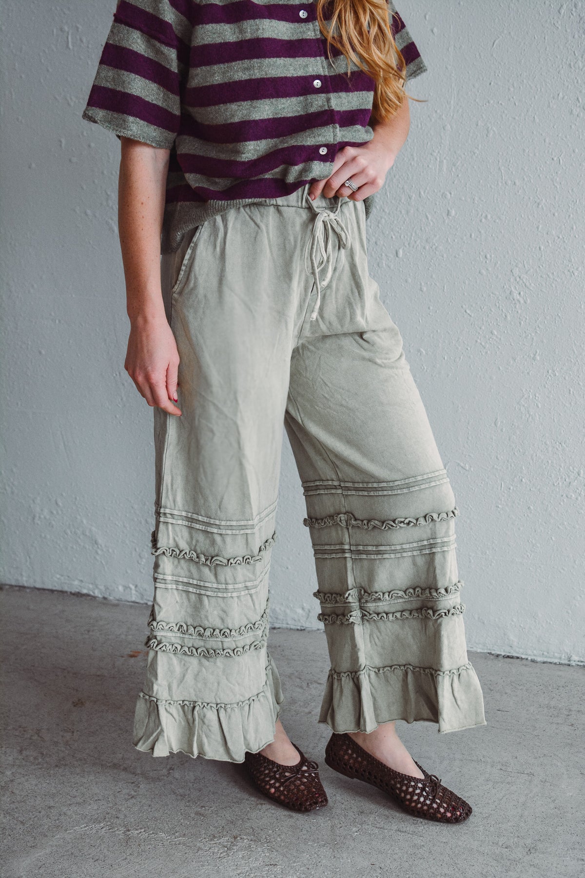 Hannah Ruffle Wide Leg - Sage