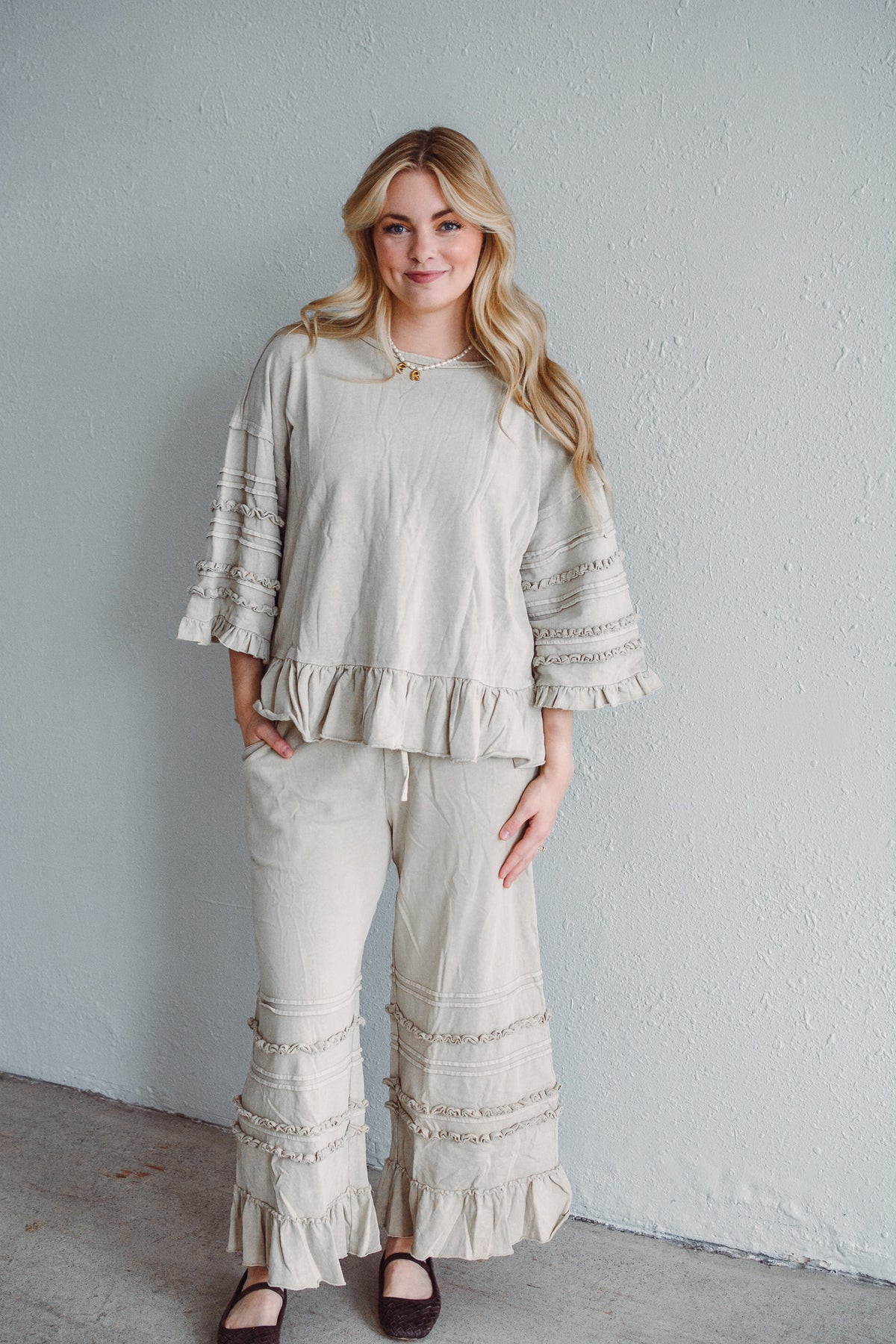 Hannah Ruffle Wide Leg - Latte