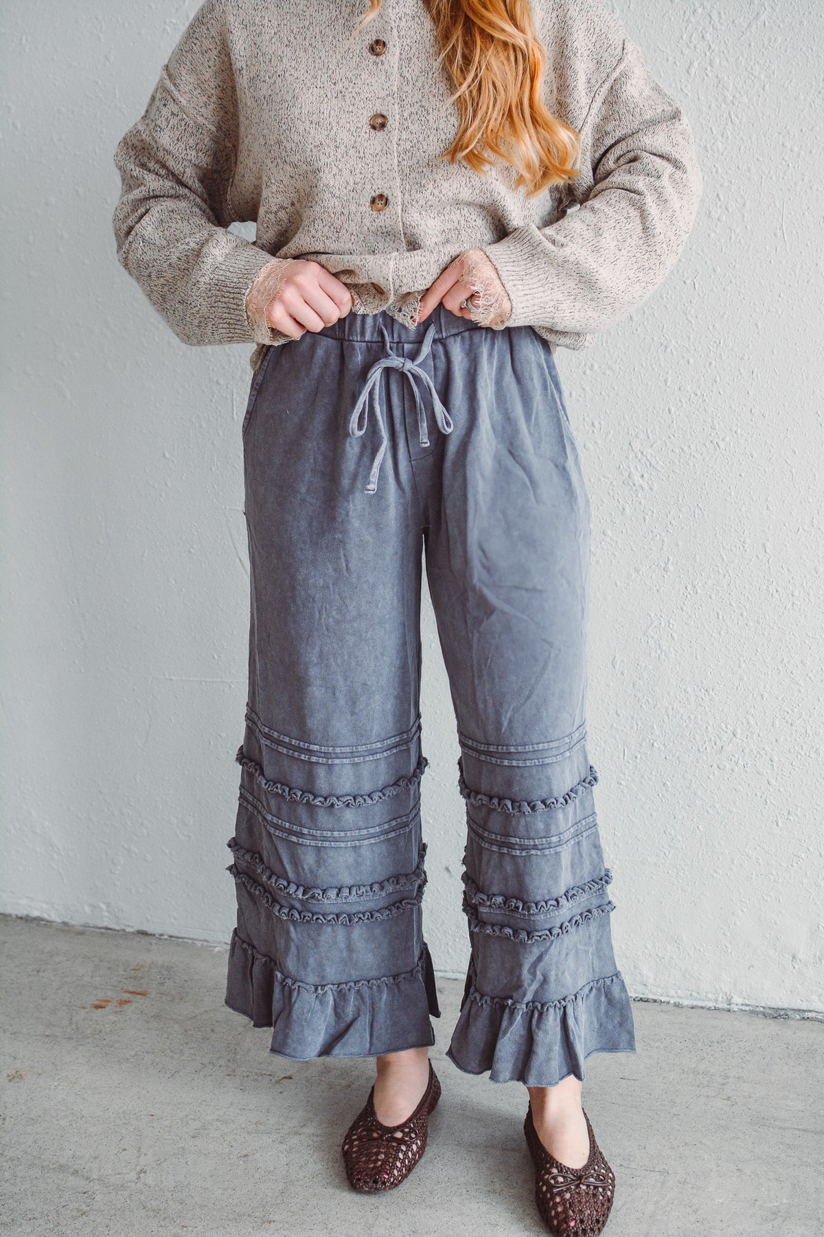 Hannah Ruffle Wide Leg - Smoke