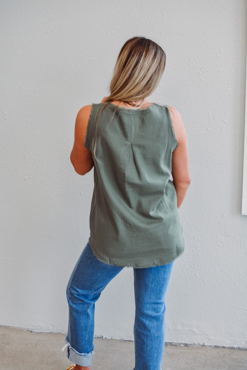 Simple Frayed Tank Olive