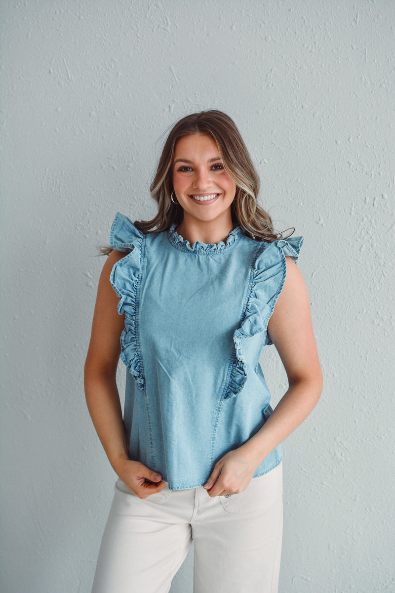 Blue Ruffled Top Bluebell Ruffled Top – Rhinestones and Roses