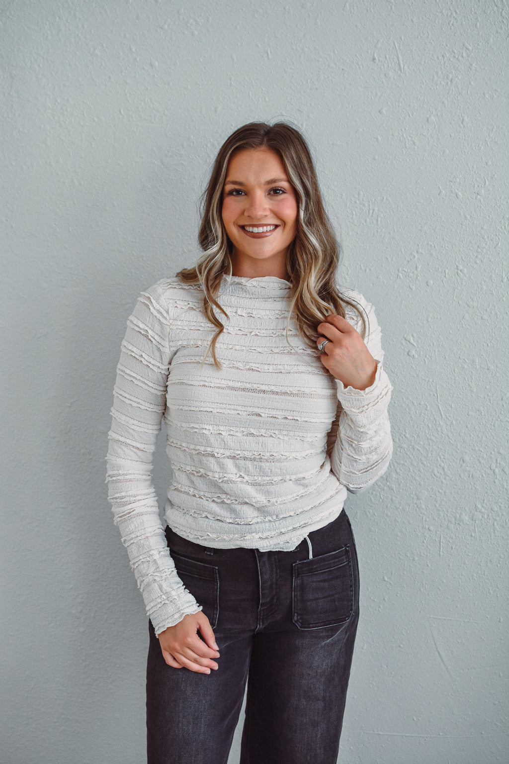 Ivory Ruffle Top – Rhinestones and Roses