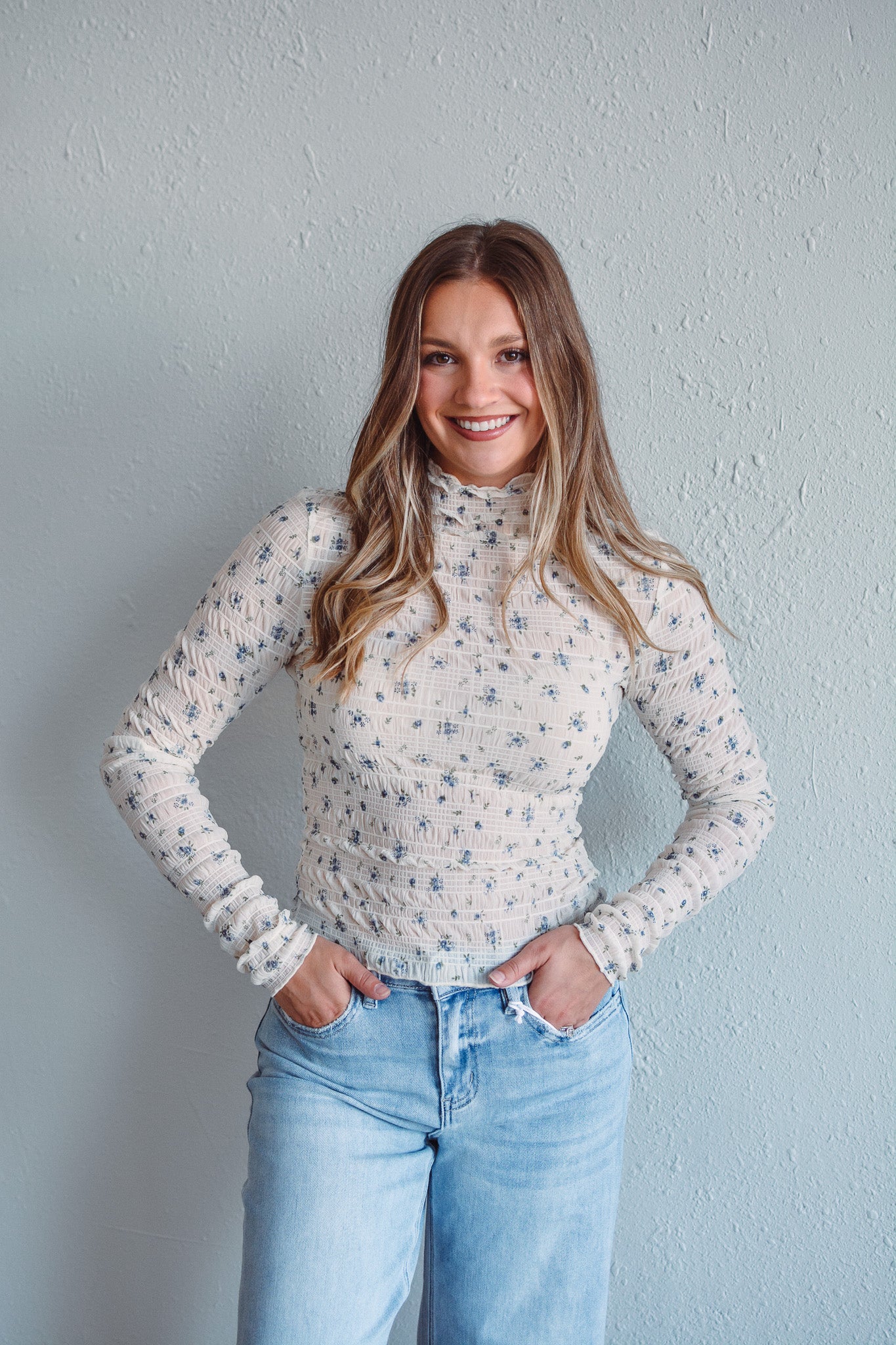 Ivory Floral Mock Neck Top