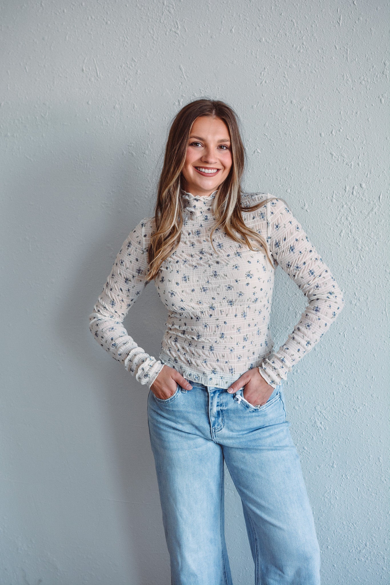 Ivory Floral Mock Neck Top