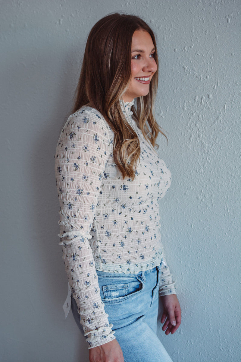 Ivory Floral Mock Neck Top