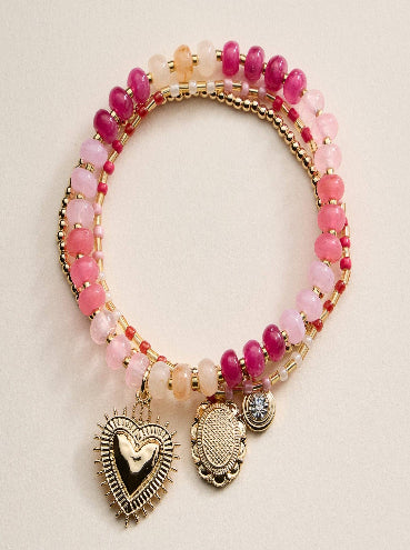 Beaded Heart Charm Stretch Bracelet