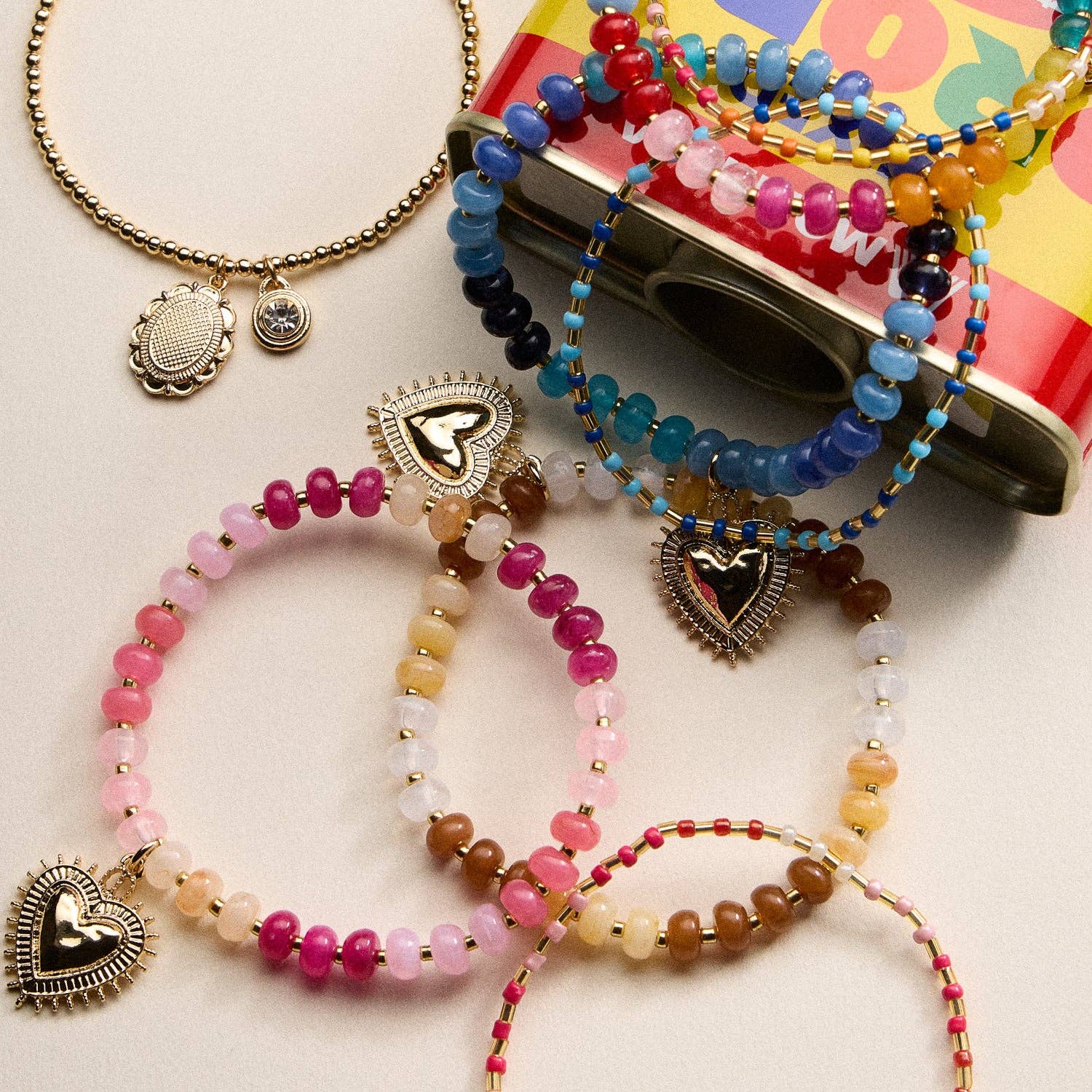Beaded Heart Charm Stretch Bracelet