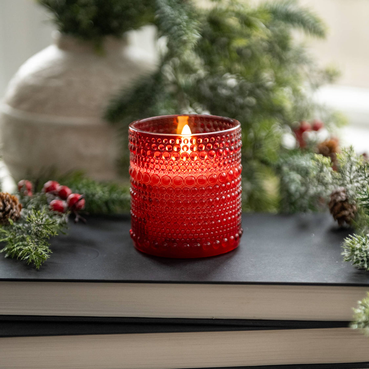 3.25" RED DOTTED GLASS CANDLE