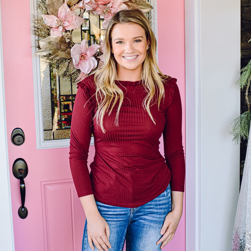 Wine Ribbed Top - Rhinestones and Roses