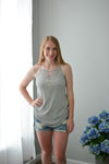 Heather Grey Laced Up Cami - Rhinestones and Roses