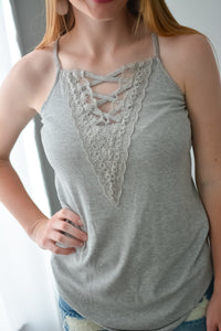 Heather Grey Laced Up Cami - Rhinestones and Roses