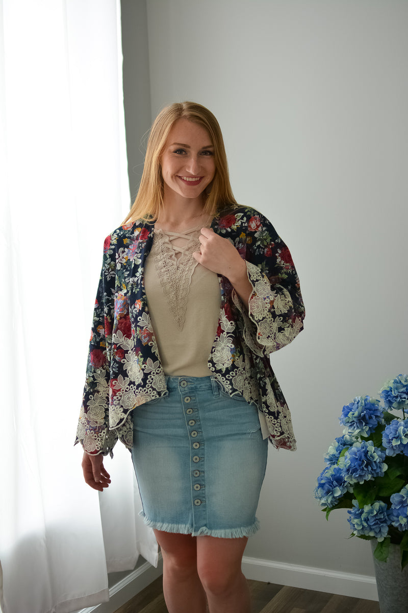 Navy Floral & Lace Kimono - Rhinestones and Roses