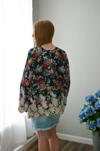 Navy Floral & Lace Kimono - Rhinestones and Roses
