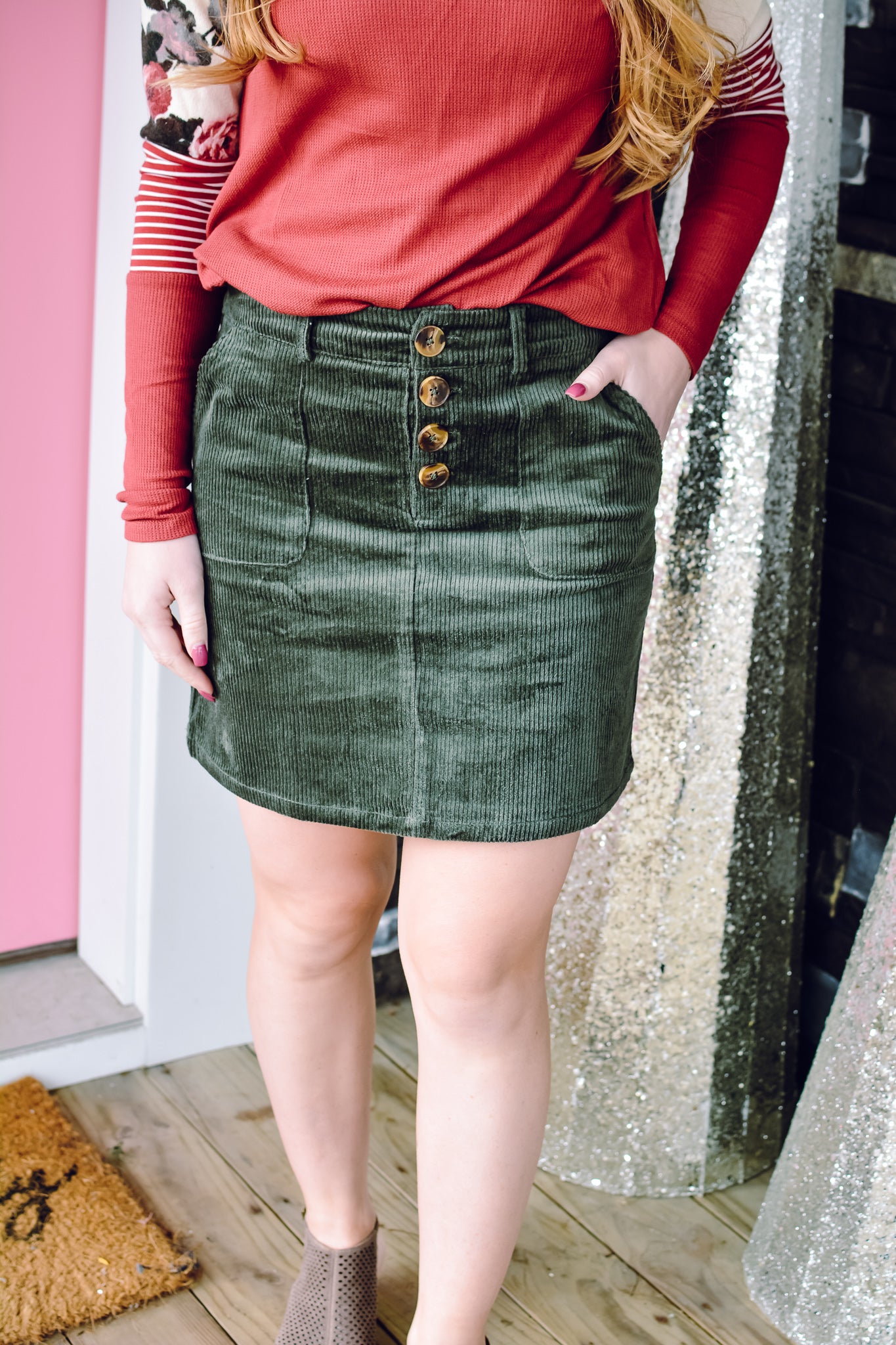 Olive Button Skirt - Rhinestones and Roses