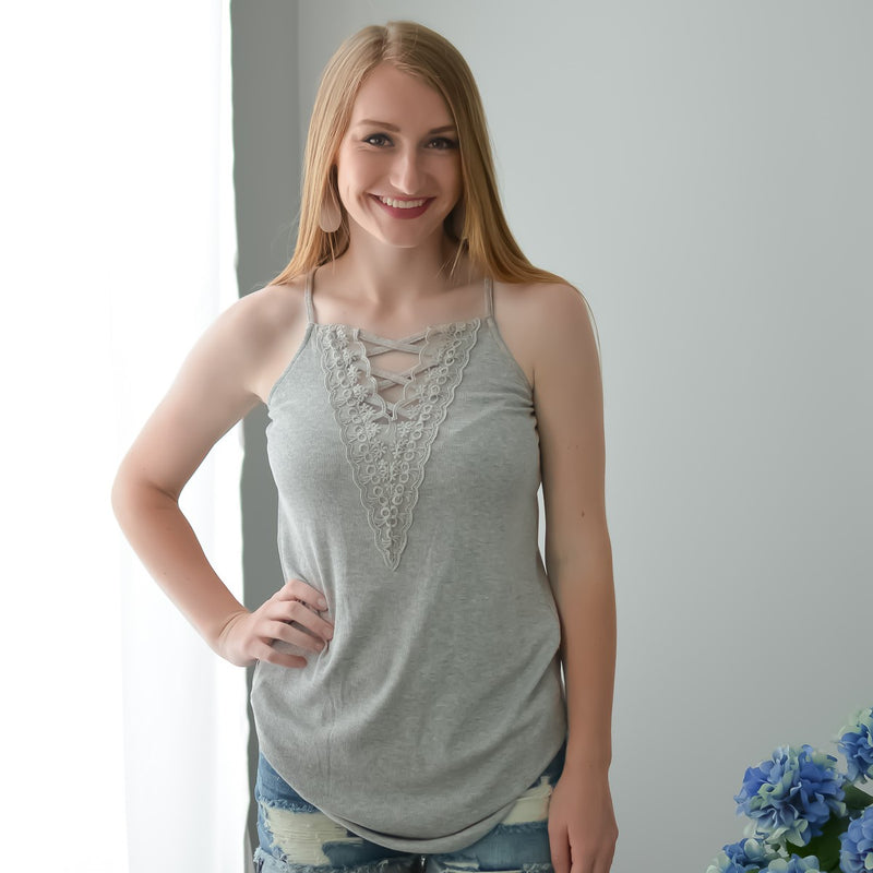 Heather Grey Laced Up Cami - Rhinestones and Roses